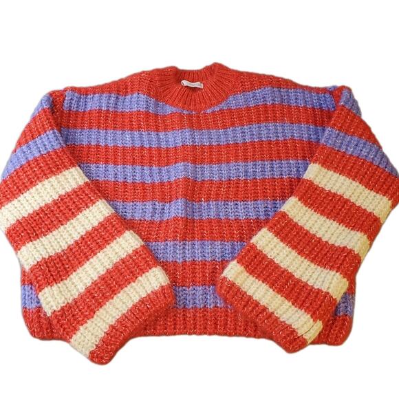 Zara Striped Chunky Knit Sweater Crewneck Red Purple White Women's Large Soft - Picture 1 of 8